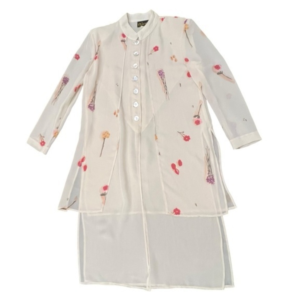Vintage Nicci Button‎ Up Long Shirt Cream Floral Long Sleeve Dressy Sheer Small